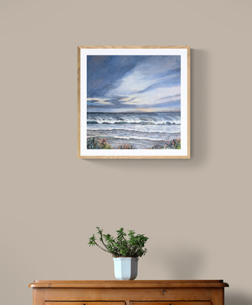 Paper print of a coastal artwork by South Australian artist Jen Biscoe showing Goolwa Beach and ocean scenery.