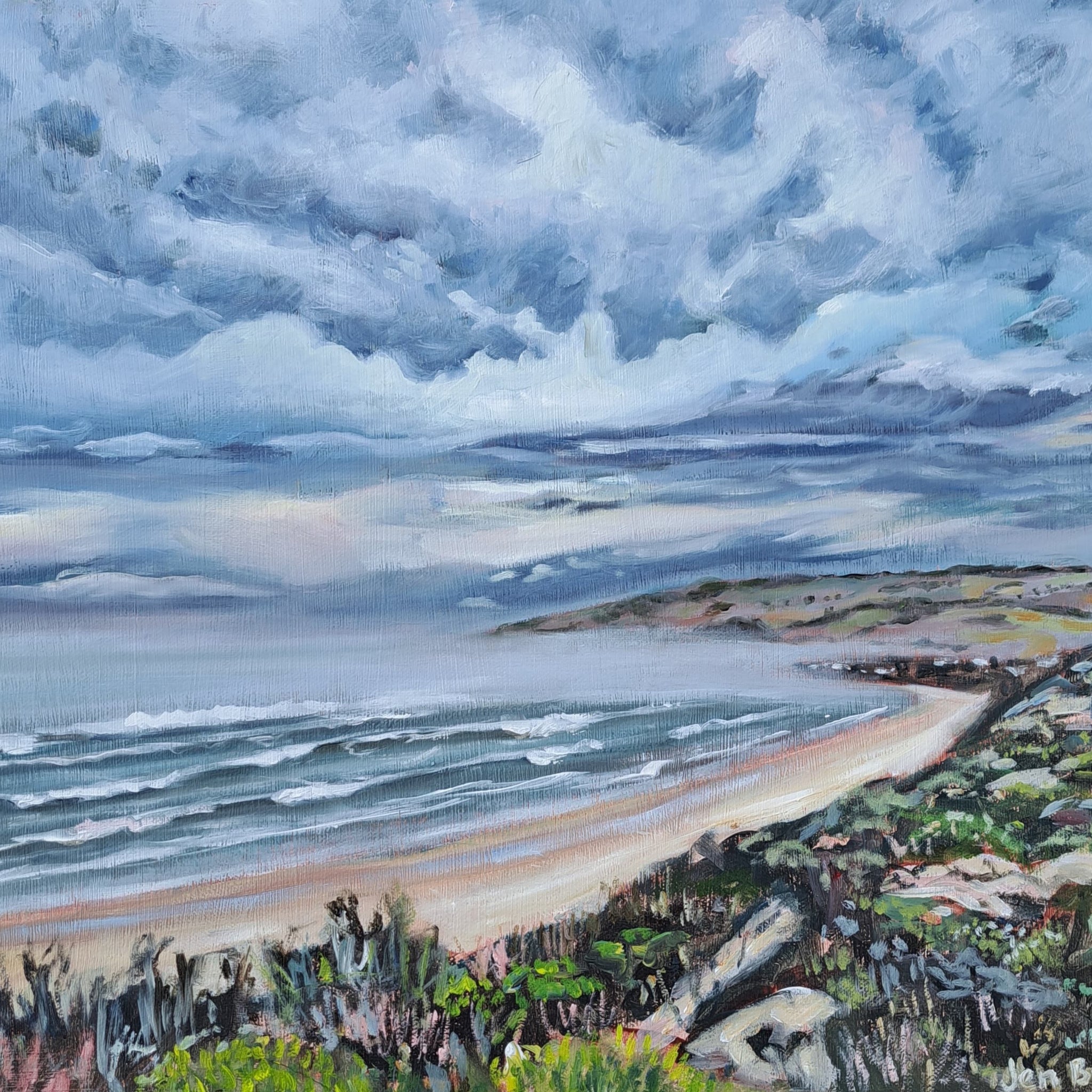 Oil painting of Goolwa Beach by South Australian artist Jen Biscoe, featuring a dramatic coastal landscape with ocean waves and a moody, cloud-filled sky.Oil painting of Goolwa Beach by South Australian artist Jen Biscoe, featuring a dramatic coastal landscape with ocean waves and a moody, cloud-filled sky.