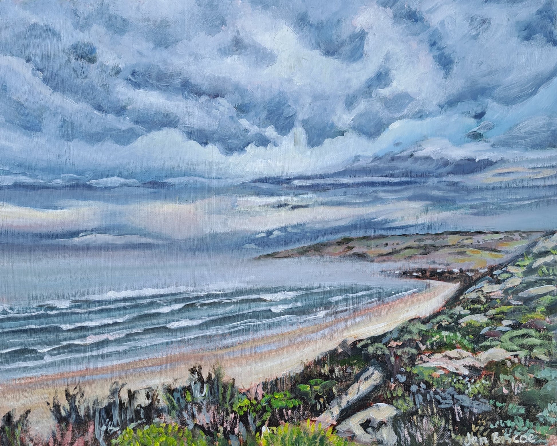 Oil painting of Goolwa Beach by South Australian artist Jen Biscoe, featuring a dramatic coastal landscape with ocean waves and a moody, cloud-filled sky.Oil painting of Goolwa Beach by South Australian artist Jen Biscoe, featuring a dramatic coastal landscape with ocean waves and a moody, cloud-filled sky.