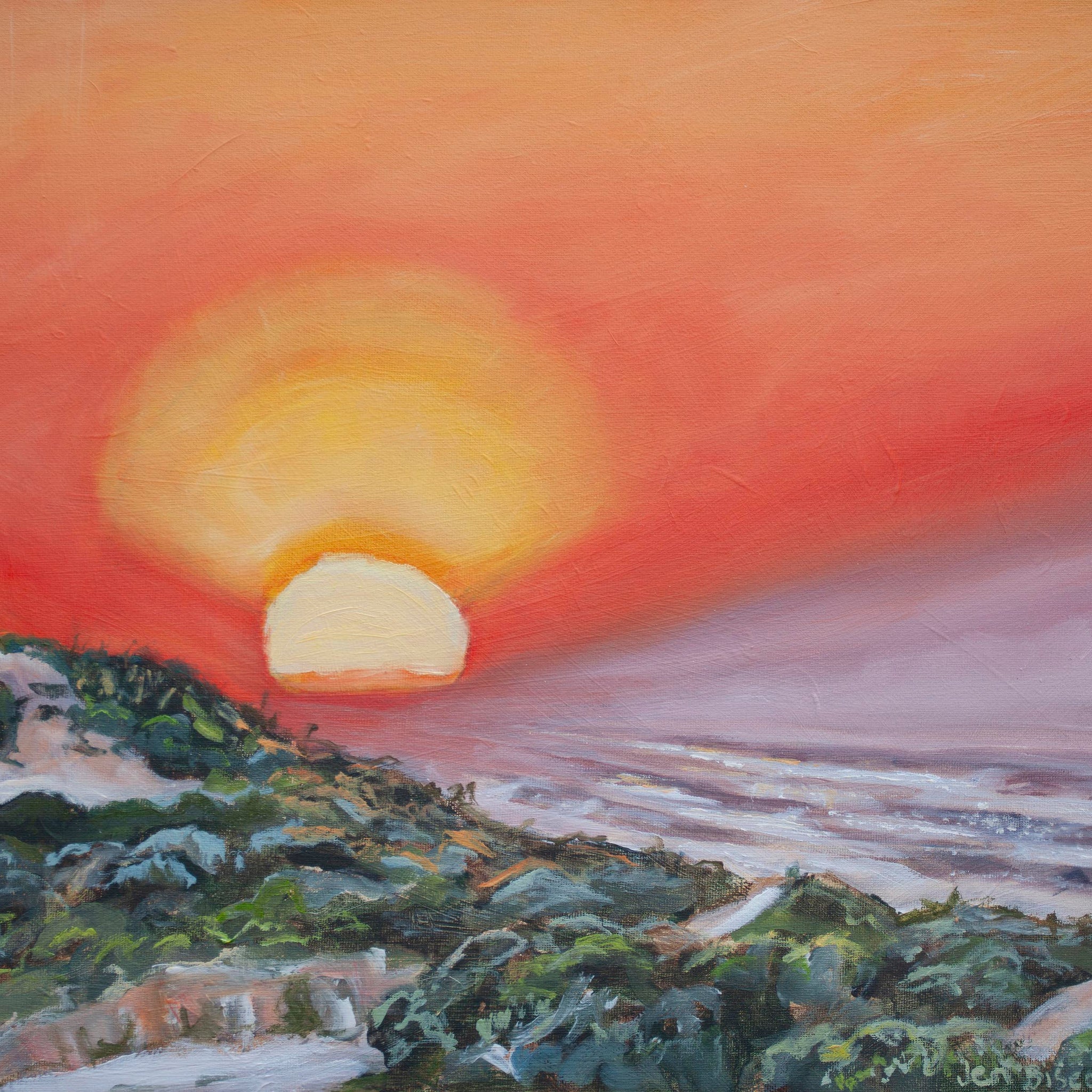 Painting by Jen Biscoe of the sun rising over Goolwa Beach in South Australia.