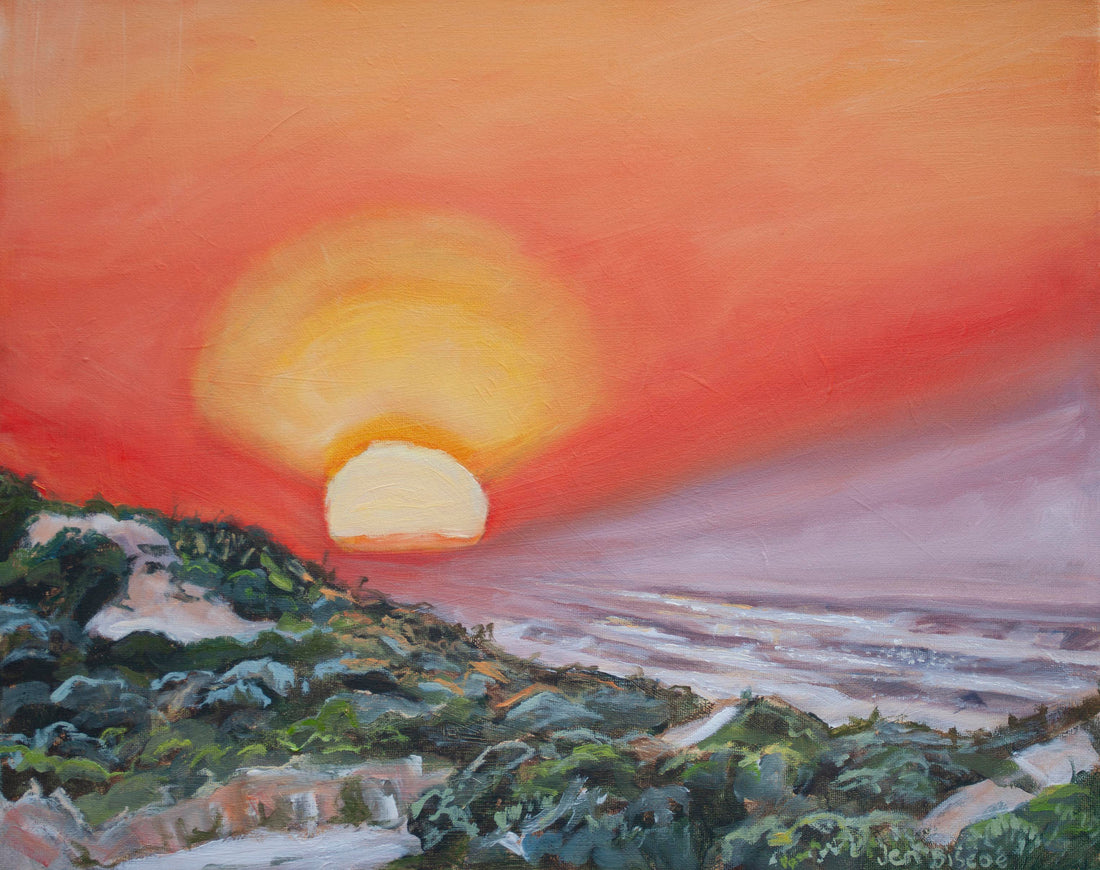 Painting by Jen Biscoe of the sun rising over Goolwa Beach in South Australia.
