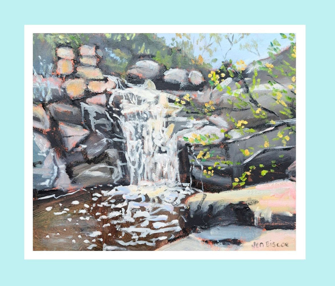 Print of a painting by Jen Biscoe of a waterfall in Deep Creek National park