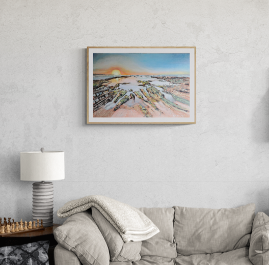 Paper print of a coastal artwork by South Australian artist Jen Biscoe showing Middleton Beach and ocean scenery.