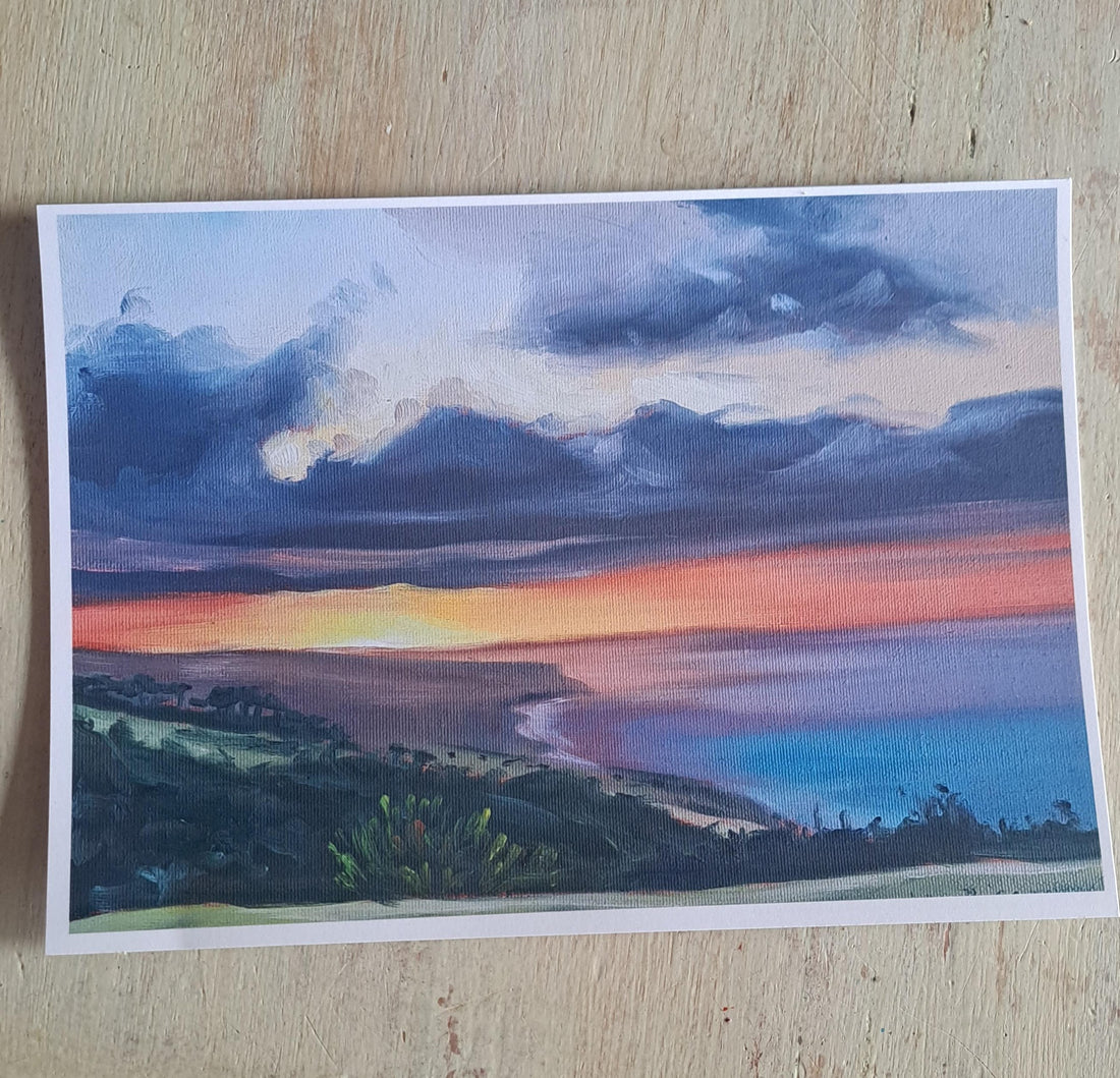 A painting of the sunsetting over Tapanappa campground on the Heysen Trail.