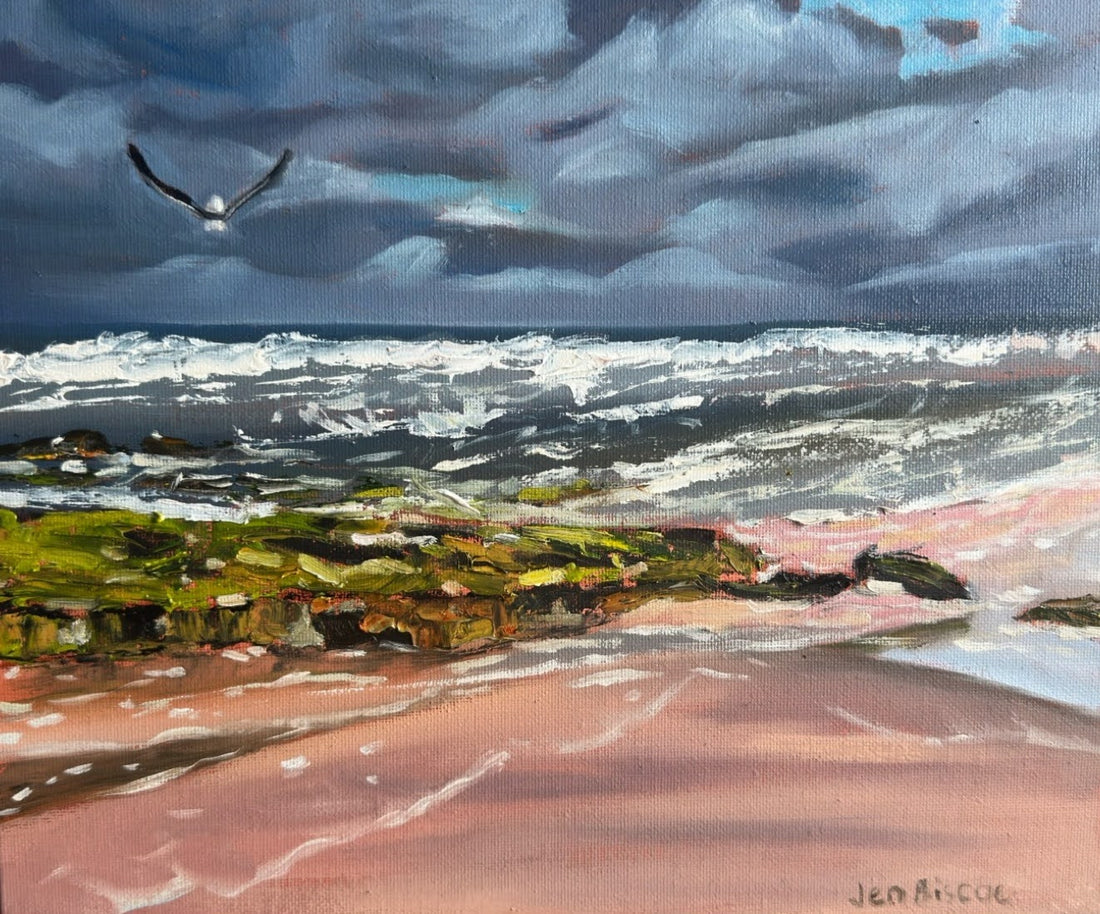 Print of painting of an Albatross on Parsons Beach by Jen Biscoe